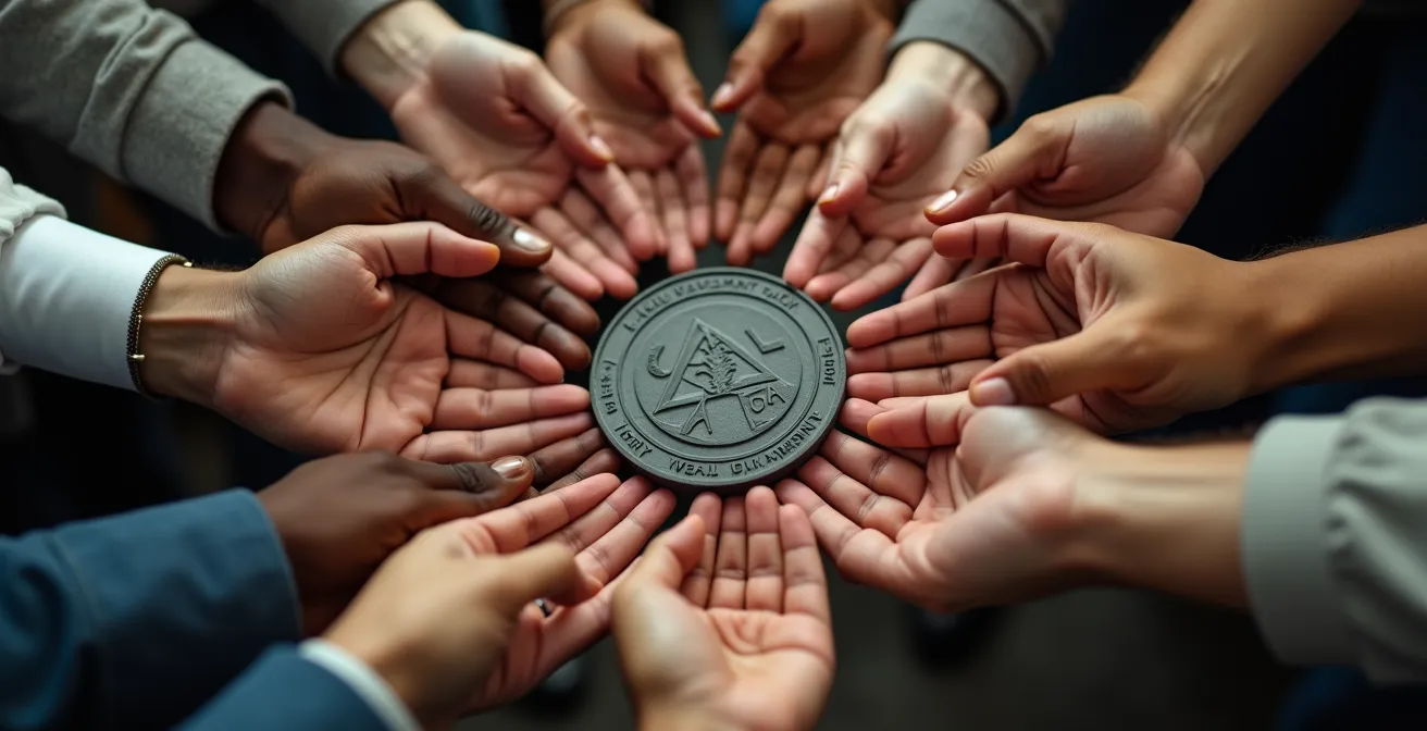 Diverse team celebrating collective milestone achievement in creative workspace