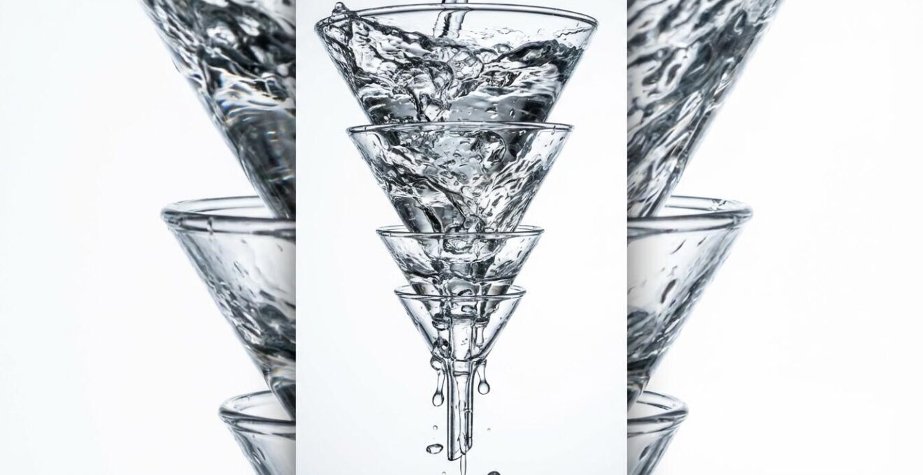 Visual metaphor showing large volume of water flowing through increasingly narrow glass funnels