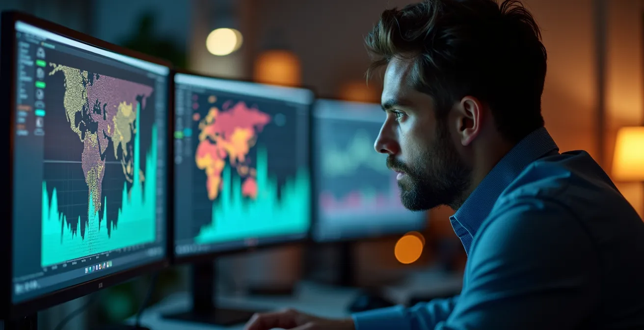 Data analyst examining customer engagement patterns on multiple screens