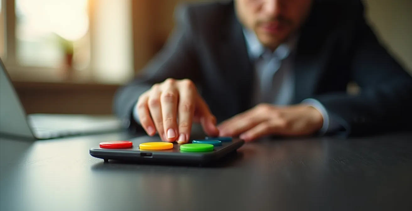 Professional hands hovering over multiple button choices showing decision psychology