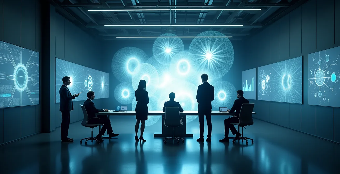Marketing professionals analyzing engagement metrics on holographic displays in modern office