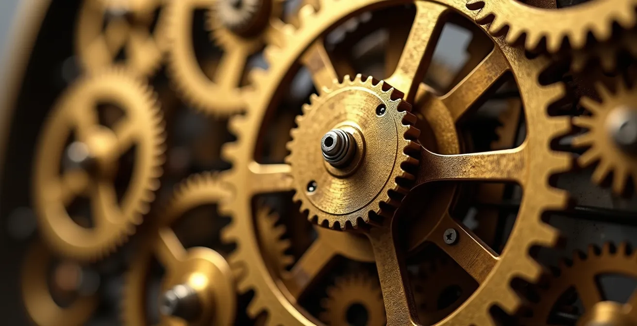 Close-up of interlocking brass clock gears in motion, symbolizing a continuous data refresh cycle.
