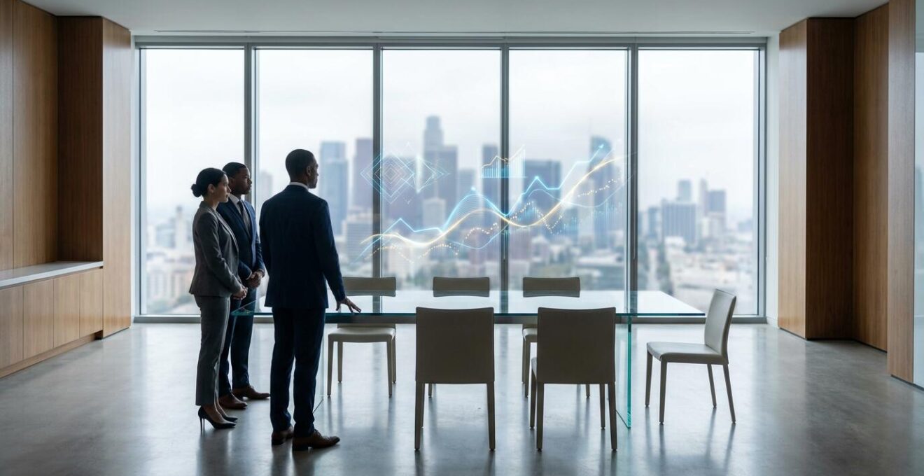 Professional executives analyzing digital revenue metrics on modern dashboard displays in contemporary office setting