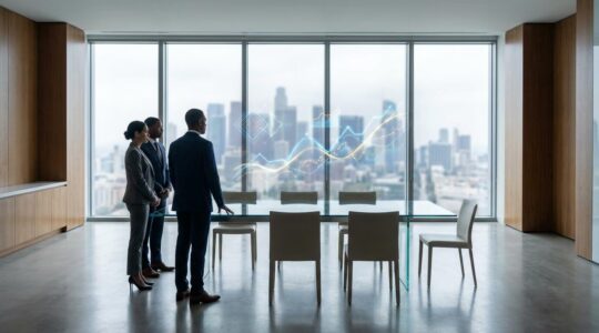 Professional executives analyzing digital revenue metrics on modern dashboard displays in contemporary office setting