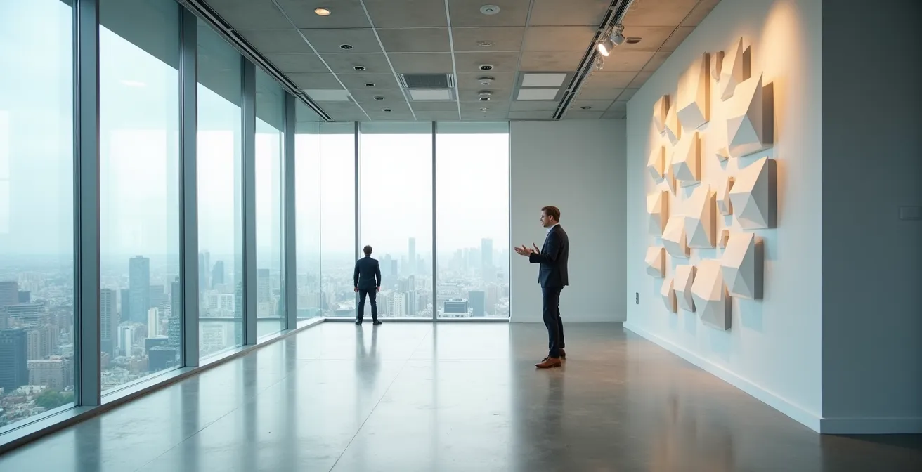 Professional presenting to executives in modern boardroom with abstract visual elements suggesting data insights