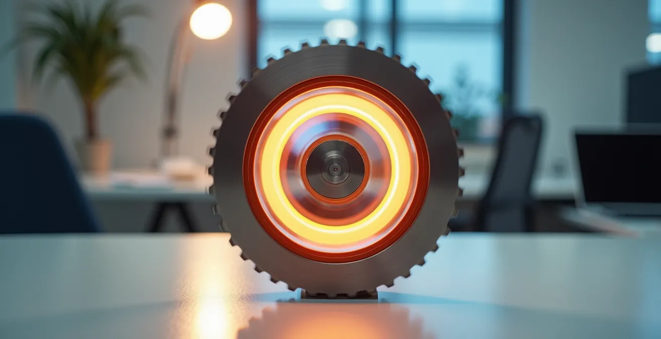 Visual representation of a mechanical flywheel, symbolizing the continuous momentum of a customer-centric business model.