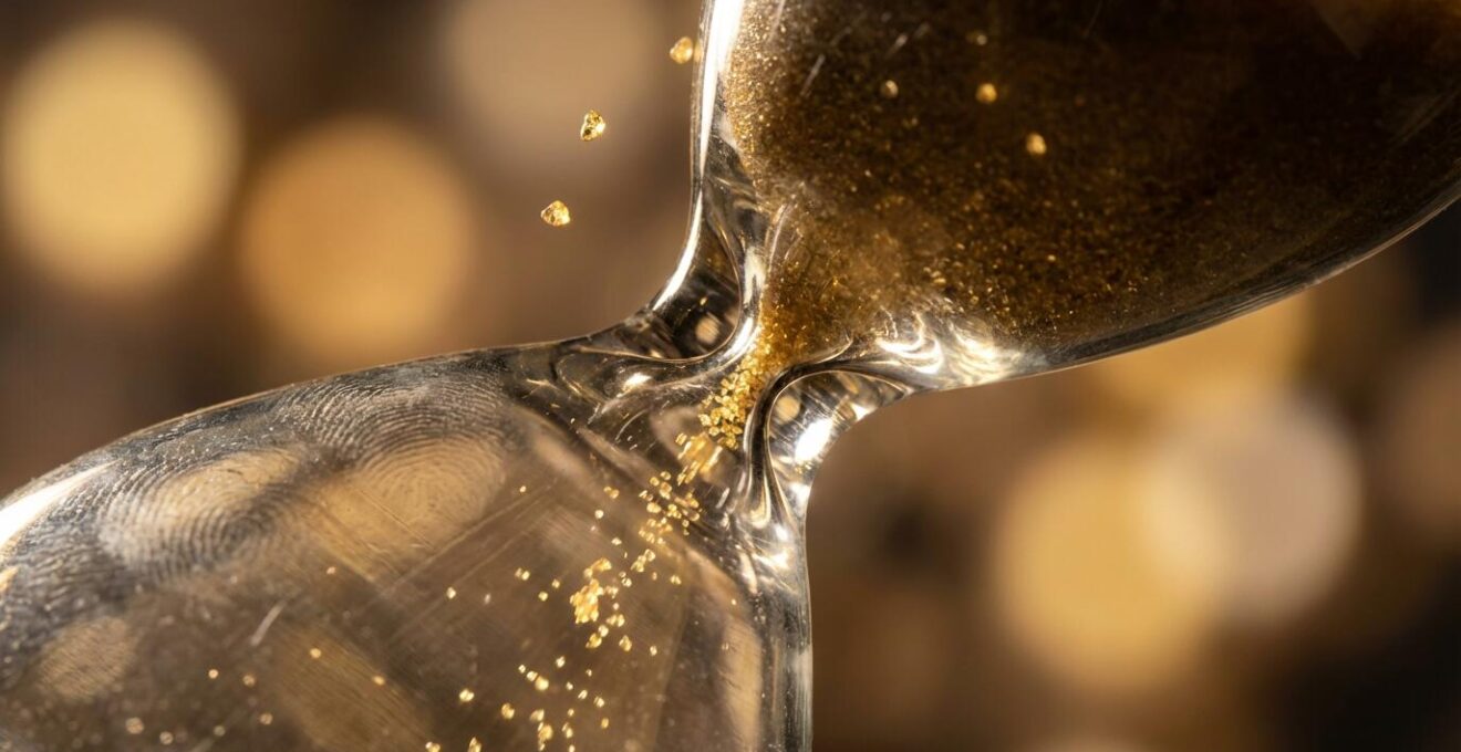 Hourglass with sand rapidly falling representing lost lead momentum