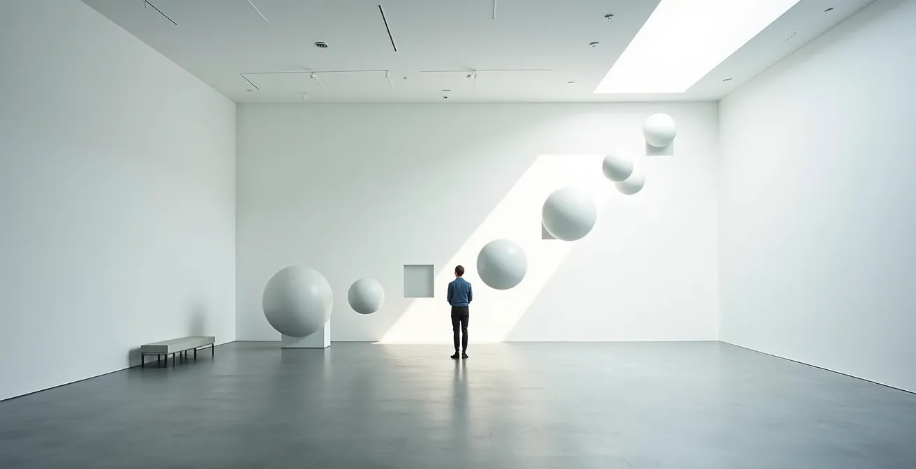 A professional practicing a new skill in a minimalist, supportive sandbox environment, with abstract shapes representing the progression from struggle to mastery.