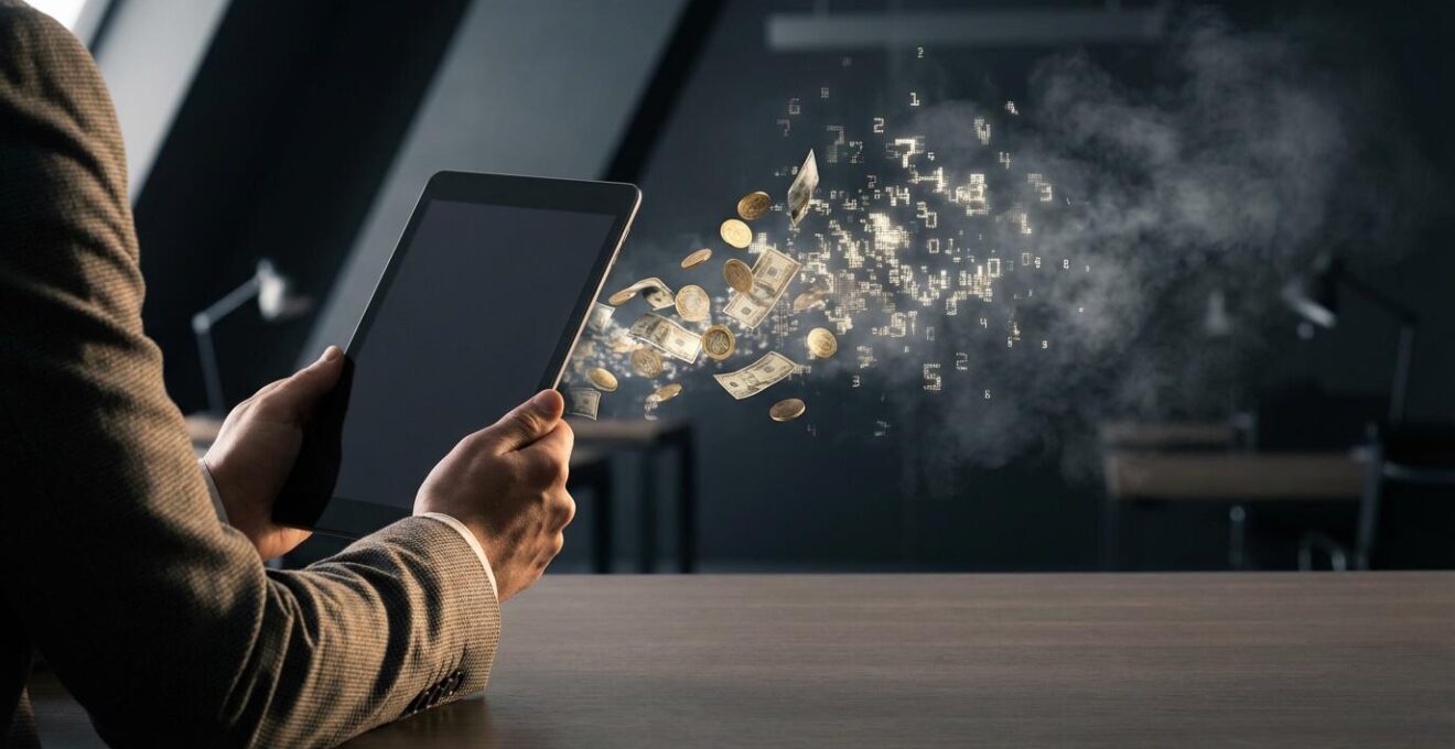 Marketing budget waste represented through burning money concept with digital metrics