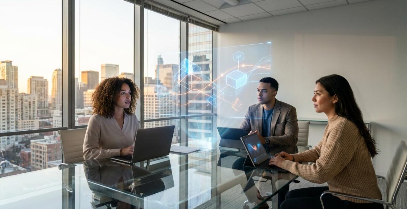 Professional marketing team analyzing digital dashboard with cost analytics and tool integration diagrams