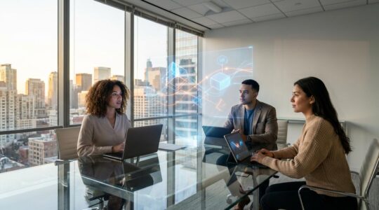 Professional marketing team analyzing digital dashboard with cost analytics and tool integration diagrams