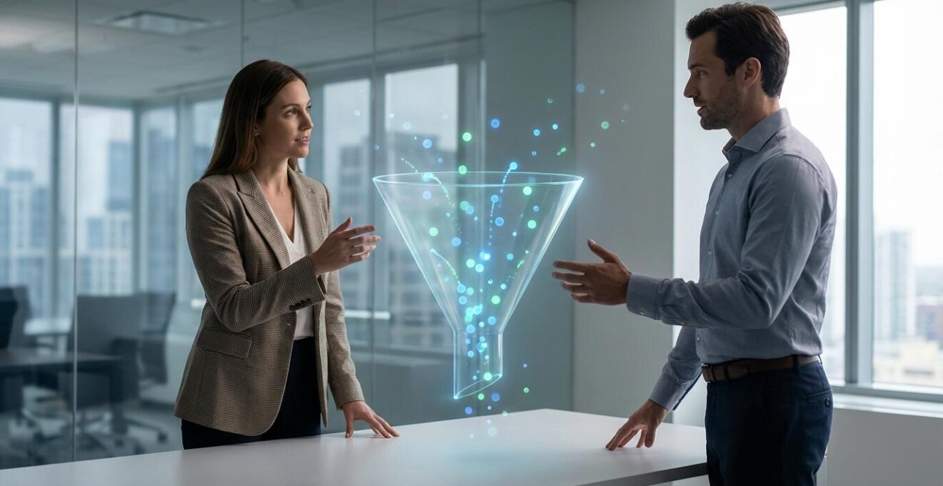 Marketing and sales teams analyzing lead conversion data on holographic dashboard