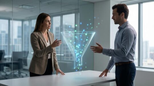 Marketing and sales teams analyzing lead conversion data on holographic dashboard