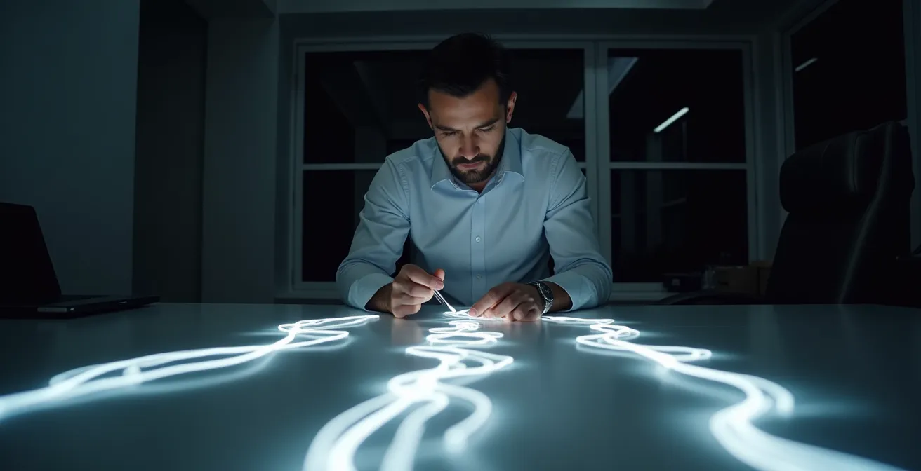 Business analyst examining multiple solution pathways on holographic display