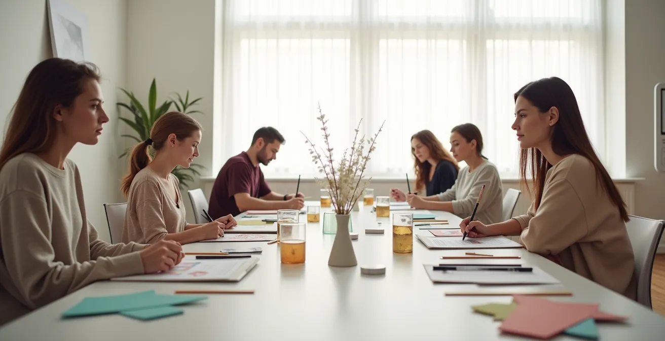Workshop participants engaged in individual creative activities alongside each other in shared space