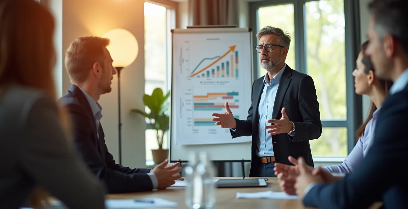 Executive presenting audit findings to stakeholders in a professional setting