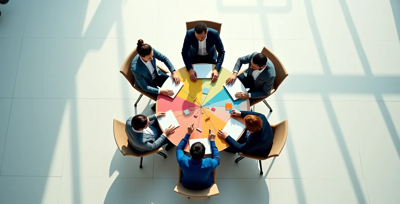 Marketing team engaged in creative brainstorming with symbolic elements representing hypothesis testing and discovery