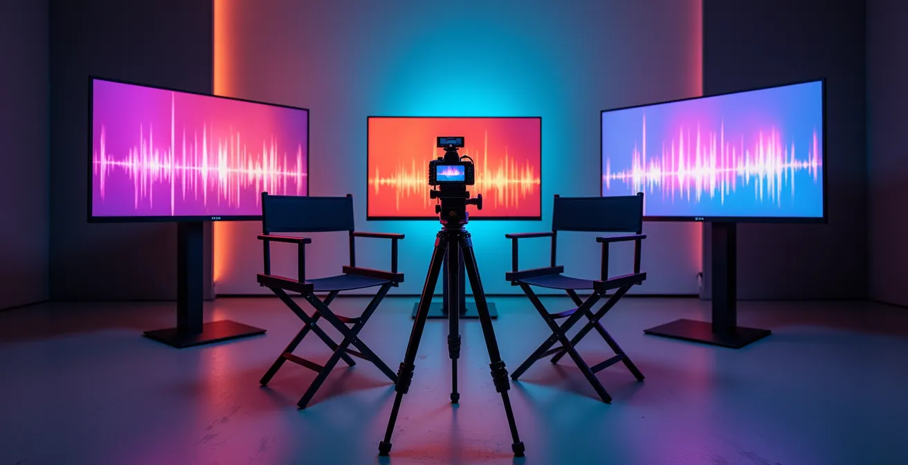 Professional camera setup filming a business presentation being edited into multiple short-form video formats on monitors