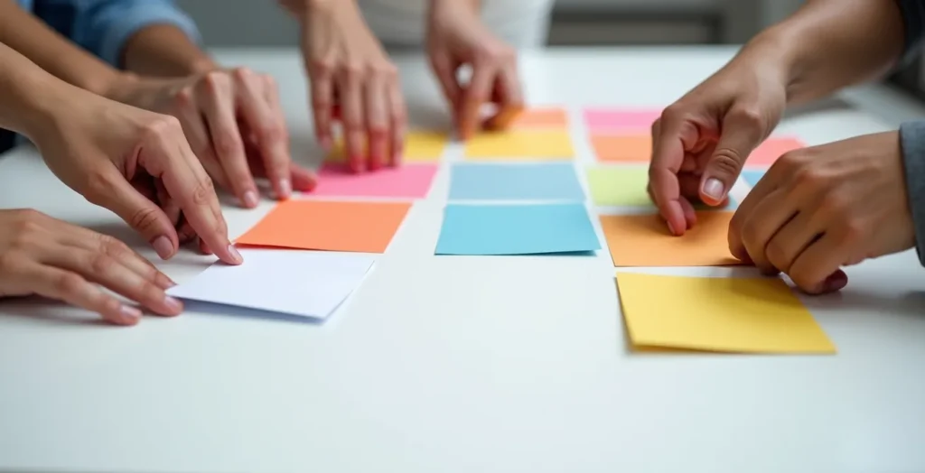 Close-up of hands organizing physical cards on a table during a card sorting session Close-up of hands organizing physical cards on a table during a card sorting session